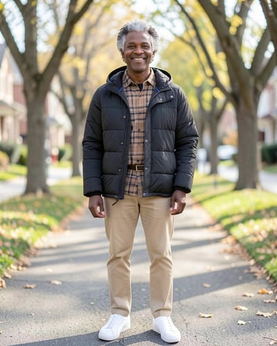 AI-generated model wearing Amazon Essentials Men's Heavyweight Hooded Puffer Coat