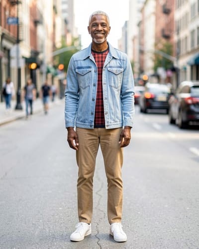AI-generated model wearing Flygo Mens Flannel Lined Denim Jacket Snap Cowboy Cut Trucker Coat