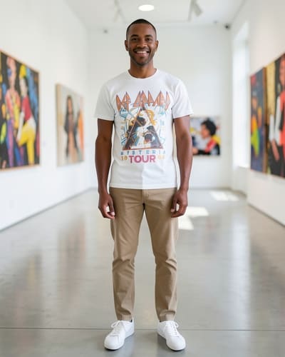 AI-generated model wearing American Classics Def Leppard Hysteria 1988 Tour T Shirt White
