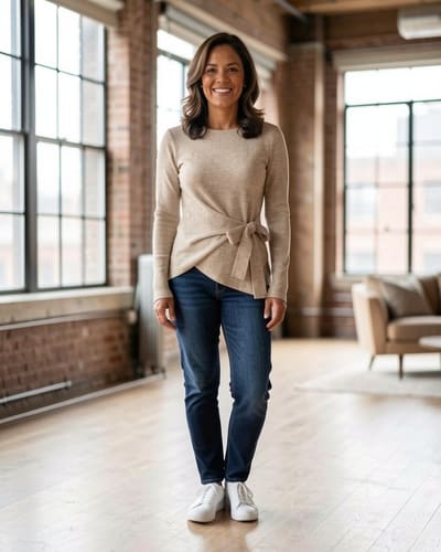 AI-generated model wearing MEROKEETY Womens Fall Sweaters Trendy 2026 Tie Front Cinched Waist Tops | Fall Fashion 2026, Asymmetrical Tops, Long Sleeve, Boat Neck, Tie Front, Ruched Waist,