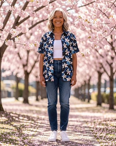 AI-generated model wearing LOMON Women's Summer Hawaiian Shirts Floral Short Sleeve Button Down Shirts