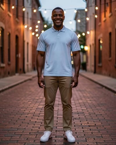 AI-generated model wearing Amazon Essentials Men's Regular-Fit Cotton Pique Polo Shirt