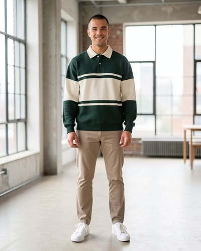 AI-generated model wearing Men Rugby Shirt Color Block Pullover Sweatshirt Loose Fit Preppy Polo Shirt