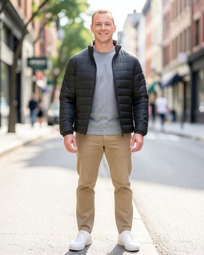 AI-generated model wearing Amazon Essentials Men's Packable Lightweight Water-Resistant Puffer Jacket (Available in Big & Tall)