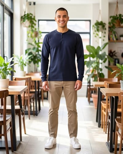 AI-generated model wearing Amazon Essentials Men's Long Sleeve Waffle Henley Shirt