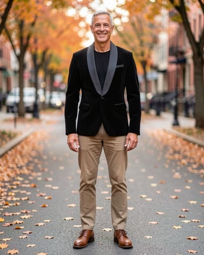 AI-generated model wearing Mens Velvet Blazer Slim Fit Tuxedo Suits Jacket Shawl Collar Solid Jacket Wedding Dinner Prom One Button Blazer Jacket