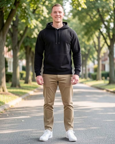 AI-generated model wearing Amazon Essentials mens Fleece Pullover Hooded Sweatshirt