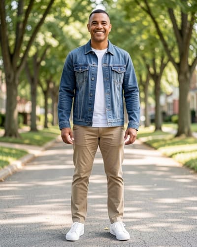 AI-generated model wearing Amazon Essentials Men's Heavyweight Low Stretch Regular-Fit Denim Jacket, Chest Patch Pockets