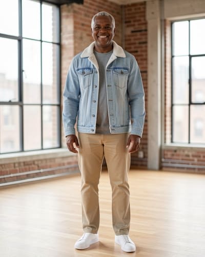 AI-generated model wearing Omoone Men's Lapel Sherpa Fleece Lined Thicken Denim Jean Trucker Jacket Coats