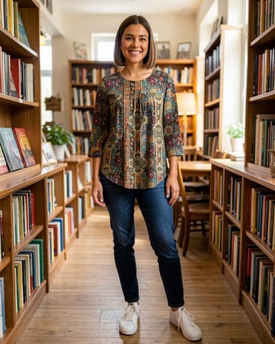 AI-generated model wearing Ekouaer Womens 3/4 Length Sleeve Tops Boho Blouses Casual Pleated Shirts