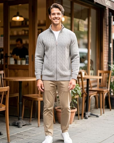 AI-generated model wearing Club Room Men's Cable-Knit Full-Zip Sweater, Created for Macy's