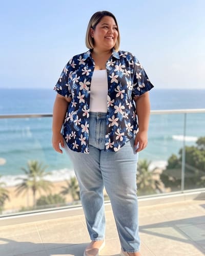 AI-generated model wearing LOMON Women's Summer Hawaiian Shirts Floral Short Sleeve Button Down S