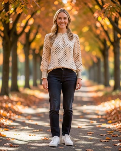 AI-generated model wearing OFEEFAN Womens Blouses Dressy Casual Long Sleeve Shirts Mock Neck Tops