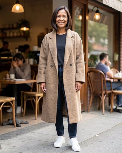 AI-generated model wearing chouyatou Women's Winter Double Breasted Wool Coat Long Sleeve Notch Lapel Long Trench Coat