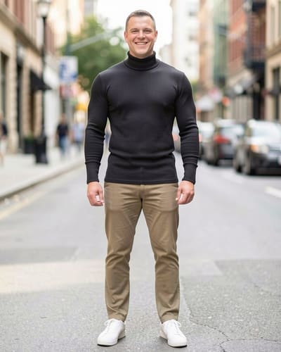 AI-generated model wearing COOFANDY Men's Ribbed Turtleneck Sweater Casual Basic Long Sleeve Knitted Pullover Sweater