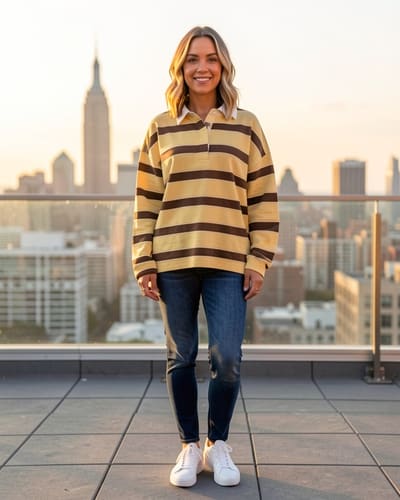 AI-generated model wearing Tankaneo Womens Oversized Striped Long Sleeve Polo Shirts Fall Tops 2026