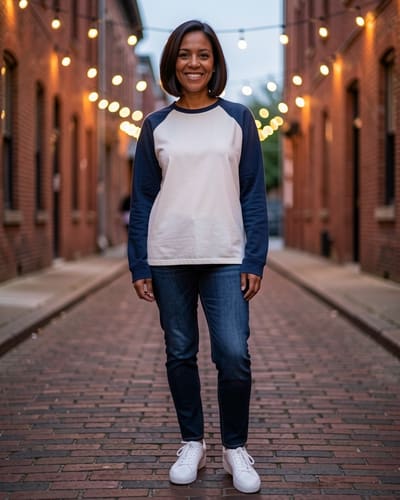 AI-generated model wearing Women Long Sleeve Raglan Shirts Pollover Oversized Baseball Tops