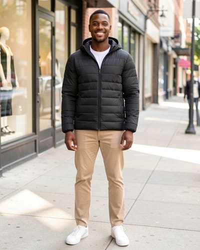 AI-generated model wearing Spyder Puffer Jacket Men - Packable Lightweight Quilted Hooded Winter Coat