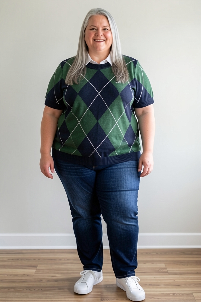 AI-generated model wearing Tommy Hilfiger Womens Tartan Argyle Short Sleeve Sweater