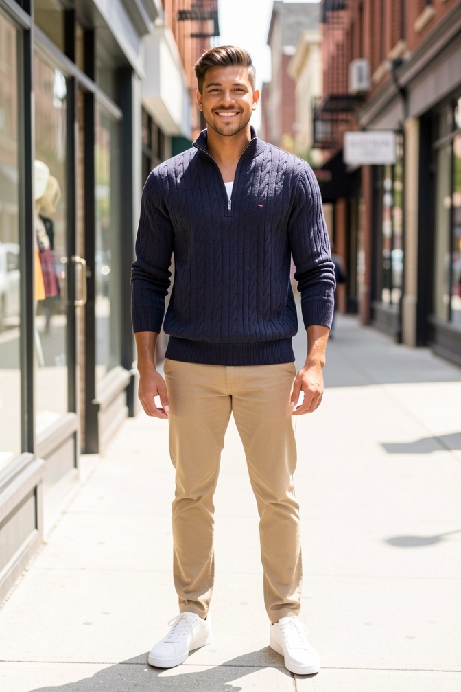 AI-generated model wearing Tommy Hilfiger Mens Long Sleeve Cable Knit Quarter Zip Sweater