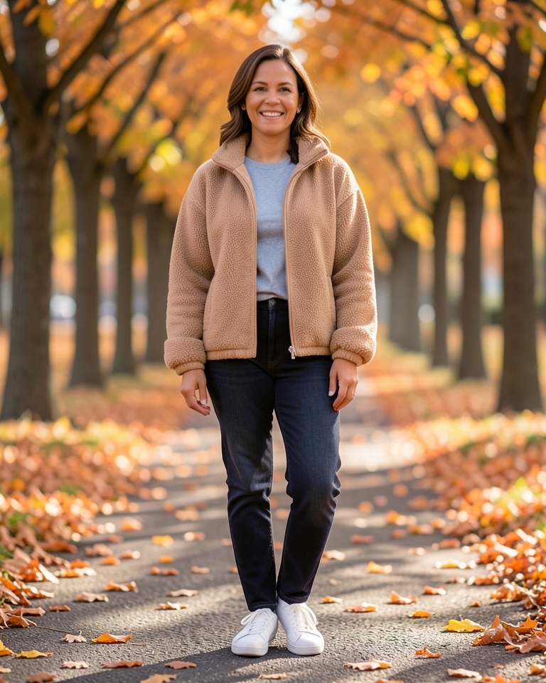 AI-generated model wearing Trendy Queen Womens Full Zip Sherpa Fleece Jacket Stand Collar Cozy Coat | Full Zip Sweatshirts,Warm Outerwear,Fall Fashion Outfits 2026,Fuzzy Coats Travel Tedd