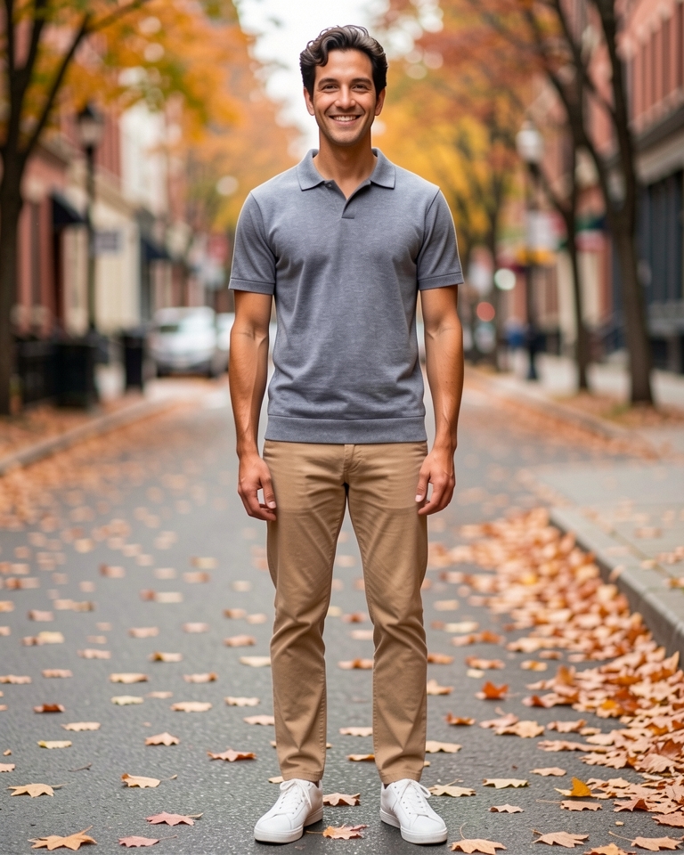 AI-generated model wearing Johnny-Collar Sweater Polo in 100% Slub Knit Cotton