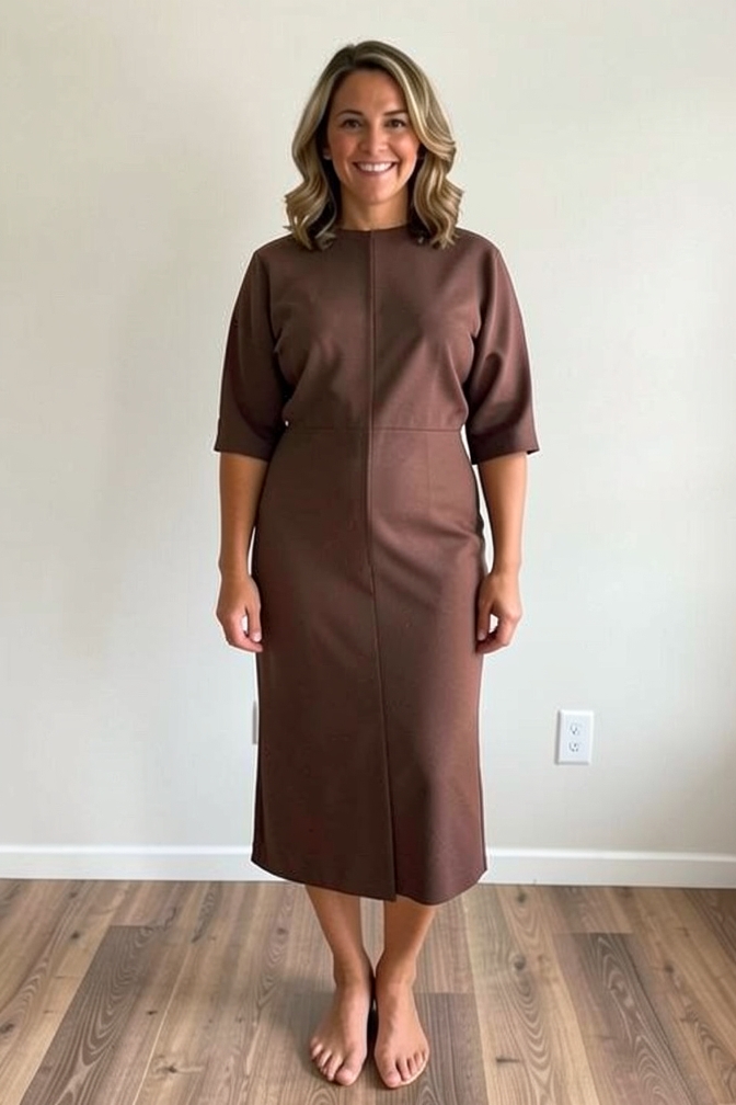 AI-generated model wearing Luxely Women's Mock-Neck Three-Quarter Sleeve Midi Dress