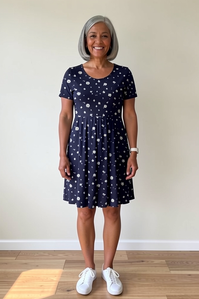 AI-generated model wearing Tralilbee Women's Plus Size Short Sleeve Dress Casual Pleated Swing Dresses with Pockets