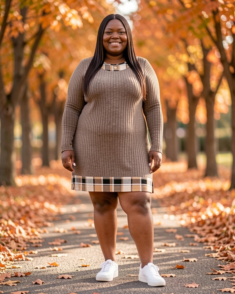 AI-generated model wearing OFEEFAN Fall Dresses for Women 2026 Long Sleeve Sweater Dress Color Block