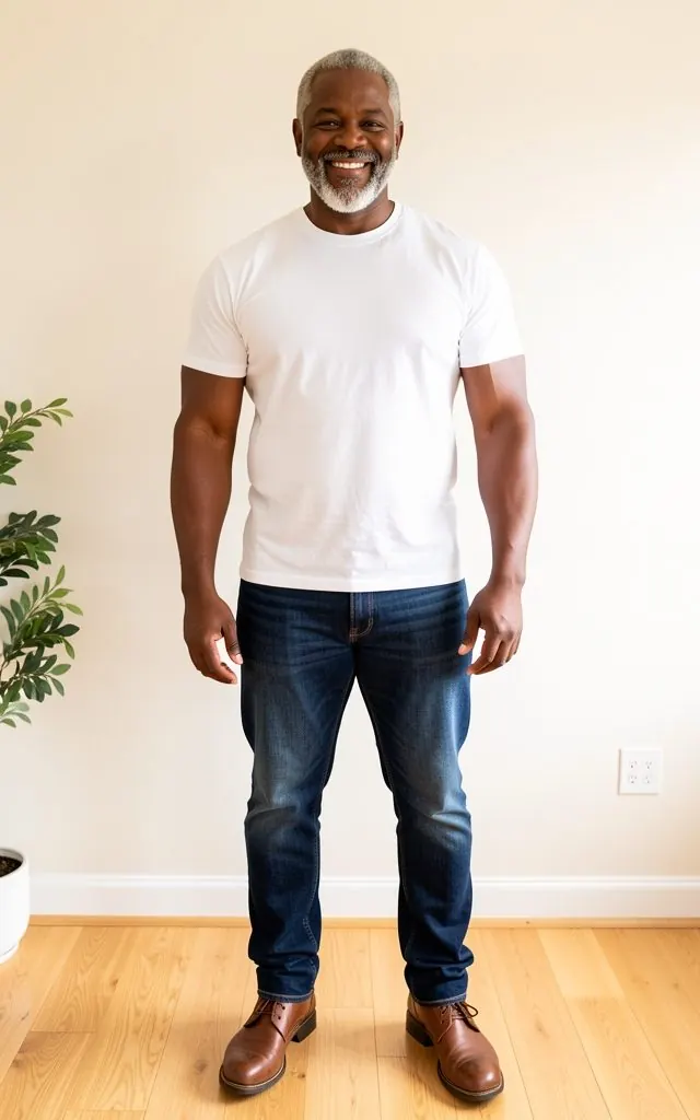 Sample model in a white t-shirt and jeans