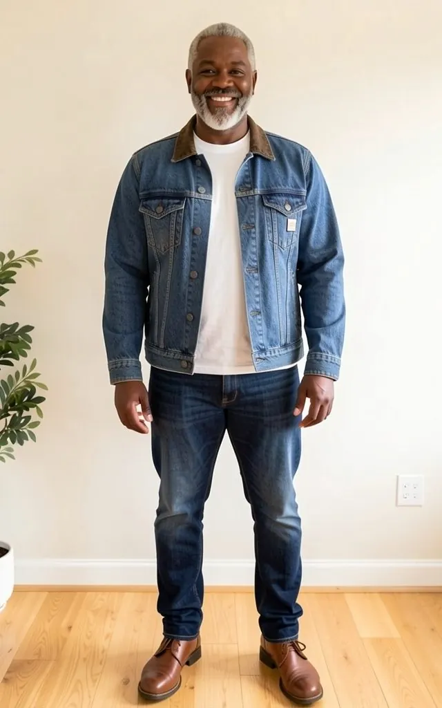 The same model wearing a Carhartt denim jacket