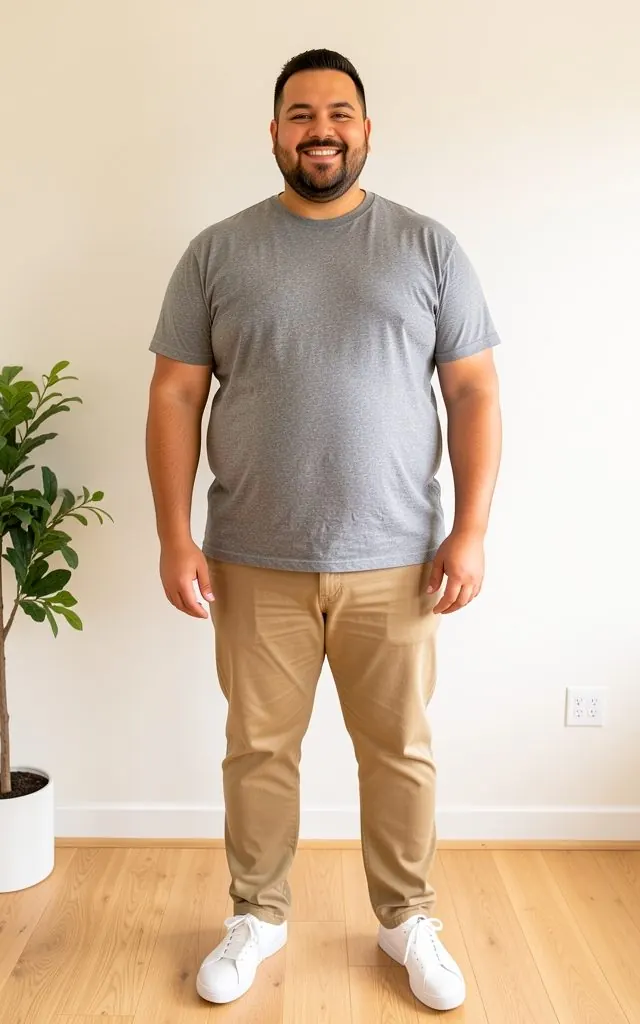 Sample model in a grey t-shirt and khakis