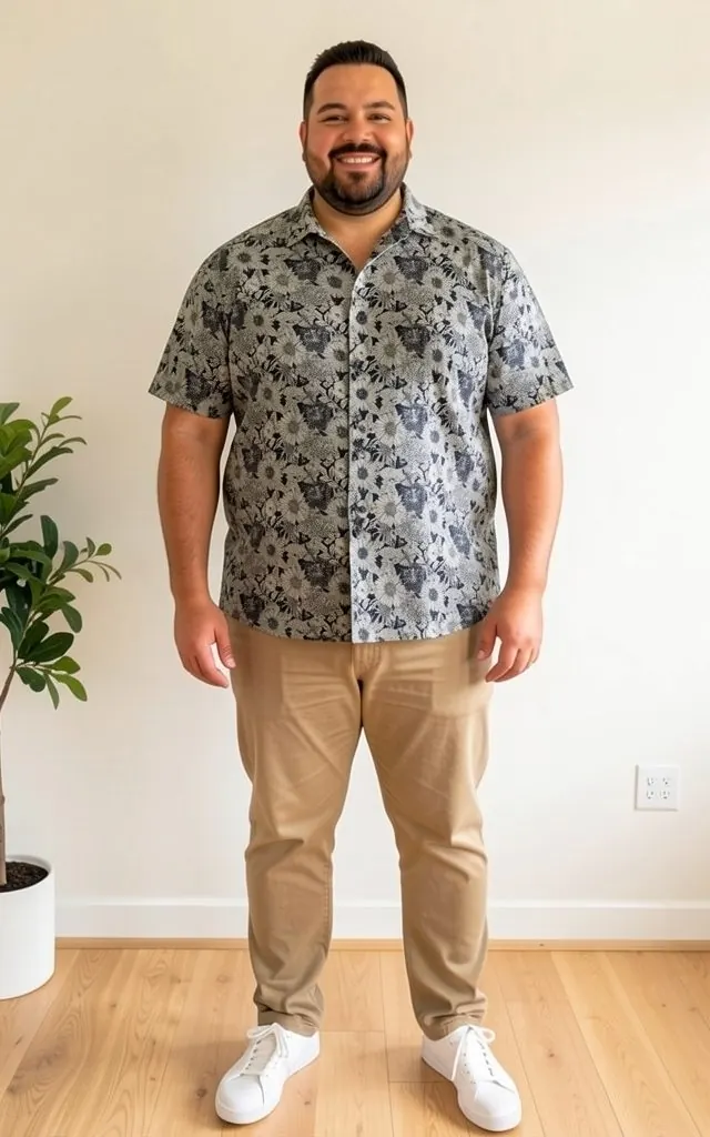 The same model wearing a floral short-sleeve button-down