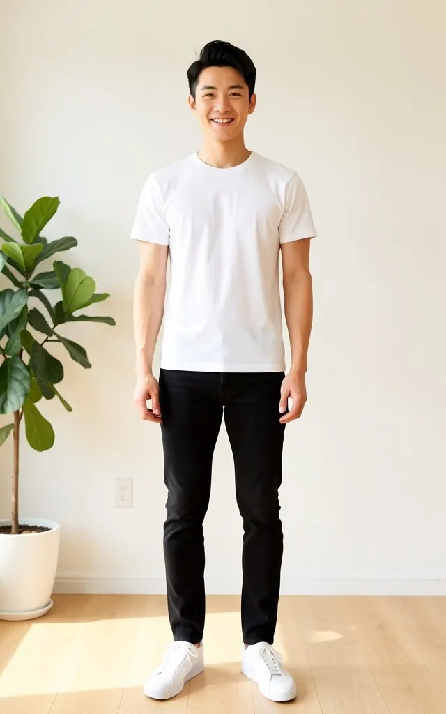 Sample model in a white t-shirt and black jeans