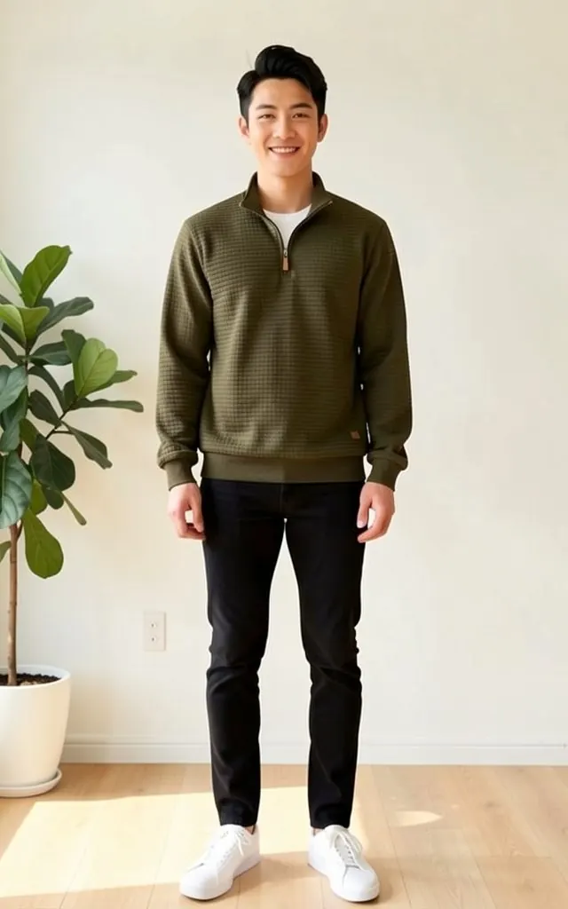 The same model wearing an olive quarter-zip pullover