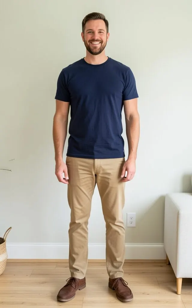 Sample model in a navy t-shirt and khakis