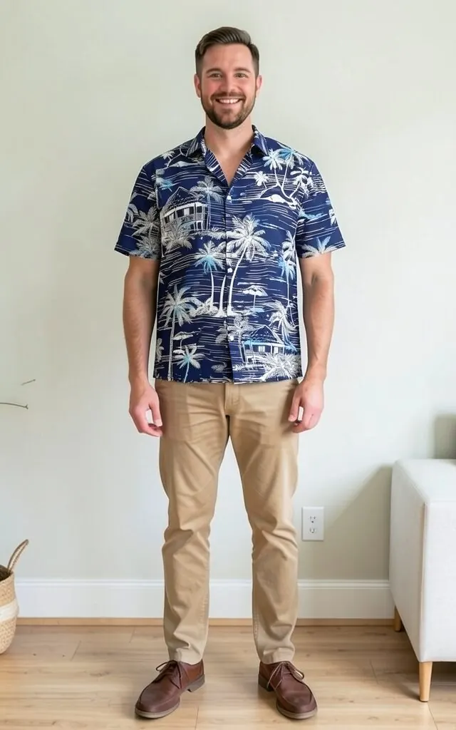 The same model wearing a navy palm-print Hawaiian shirt