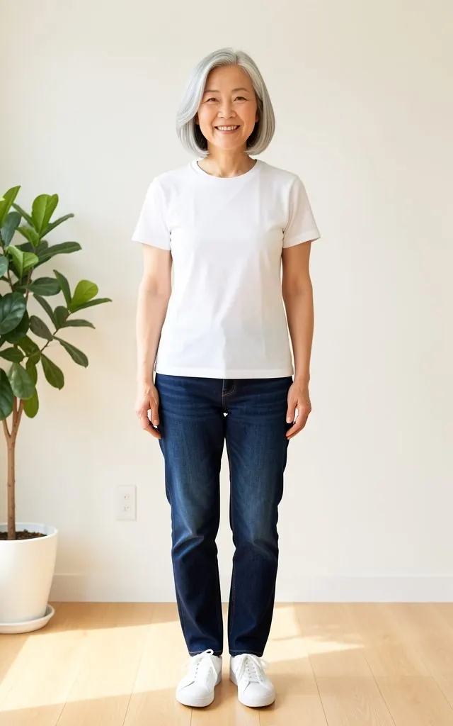 Sample model in a white t-shirt and jeans