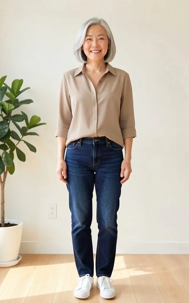 The same model wearing a taupe button-down blouse