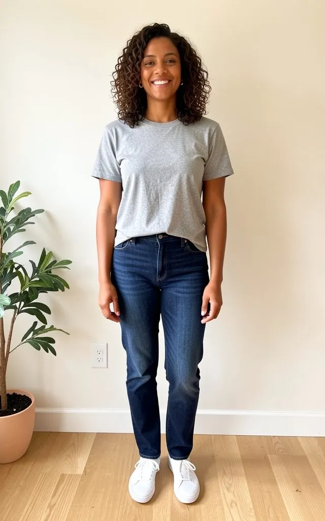 Sample model in a grey t-shirt and jeans