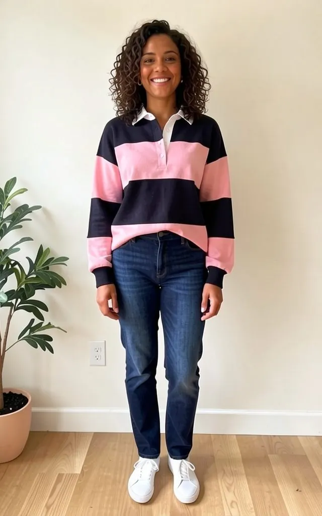 The same model wearing a pink and navy striped rugby polo