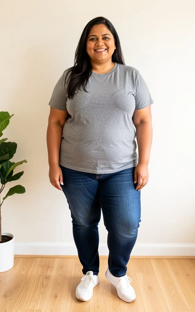 Sample model in a grey t-shirt and jeans