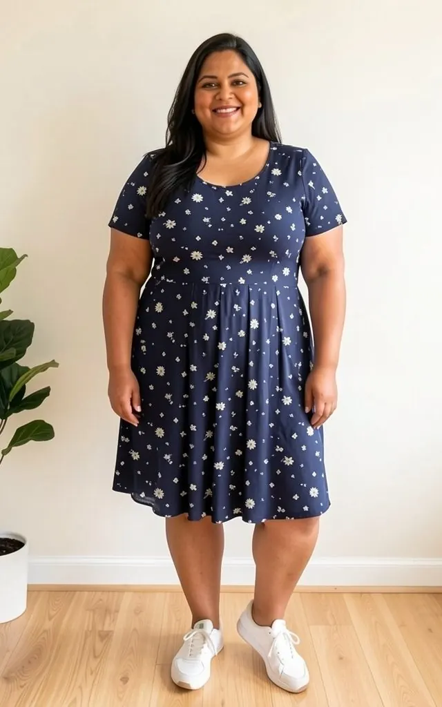The same model wearing a navy floral swing dress