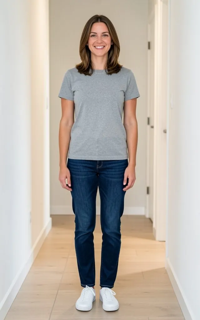 Sample model in a grey t-shirt and jeans